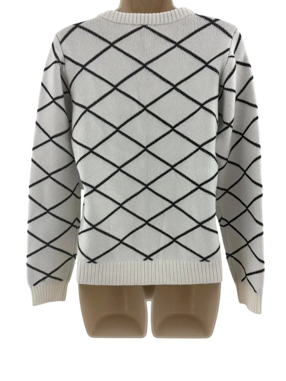 Venus Ivory Creme Black Ultrasoft Sweater Knit Faux Pearls Size M New Winter Top